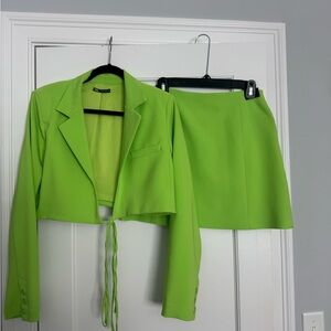 ZARA Chic Lime Green Blazer and Skirt Set
